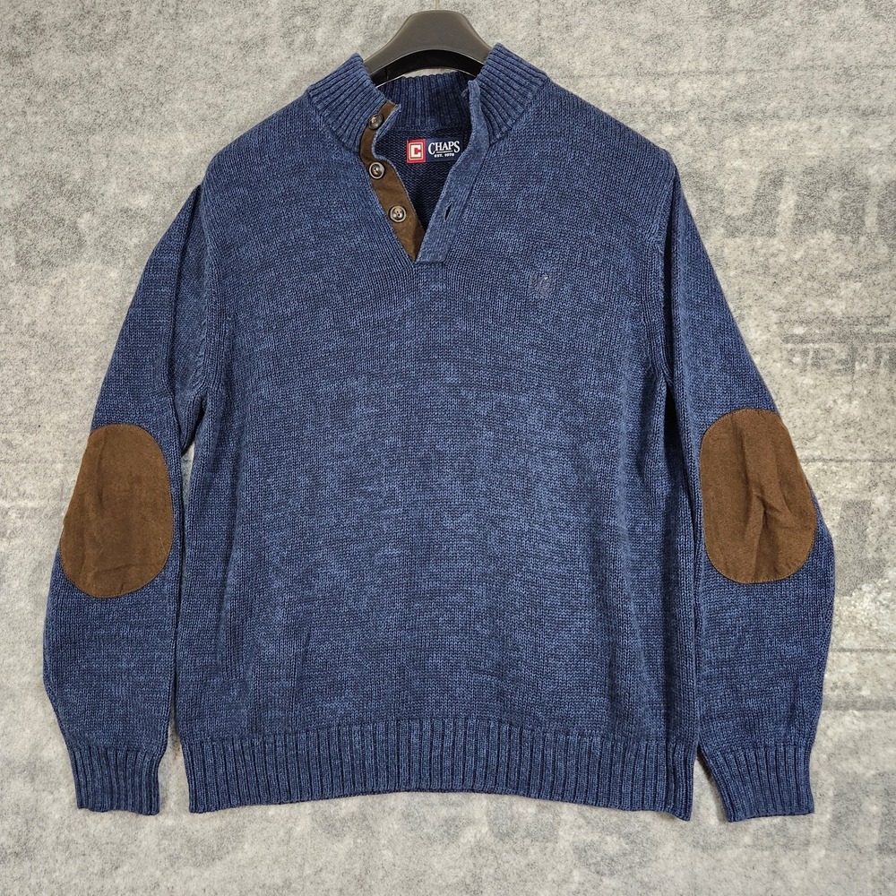 CHAPS Sweater Men's Size Large  Navy Blue With Elbow patches On ‎ sleeves